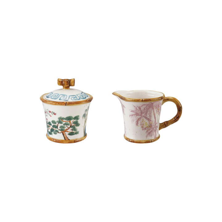 CHINOISERIE PAINTED SUGAR & CREAMER WITH BAMBOO STYLE EDGES