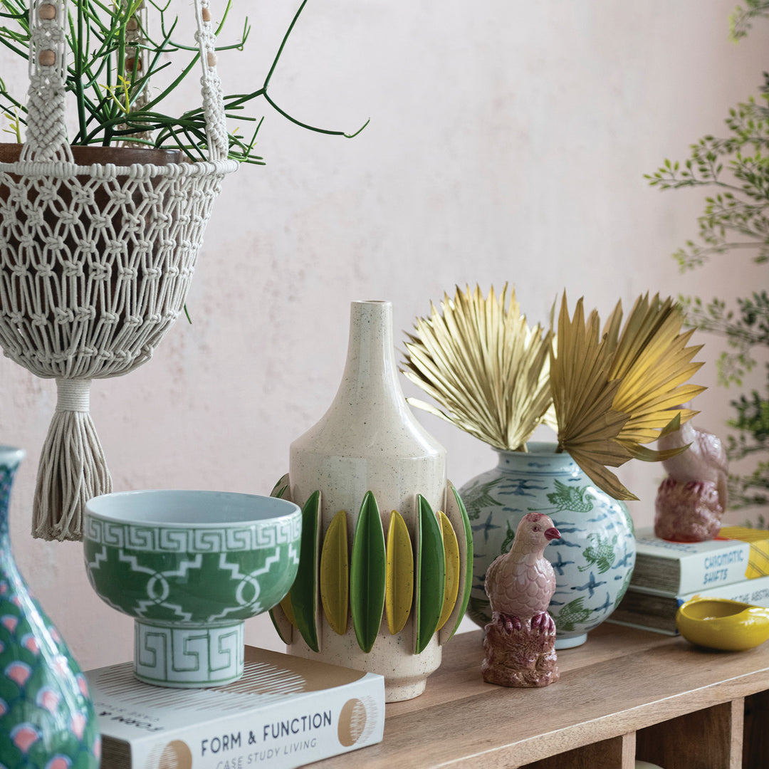 CHINOISERIE GEOMETRIC PATTERN GREEN & WHITE FOOTED BOWL