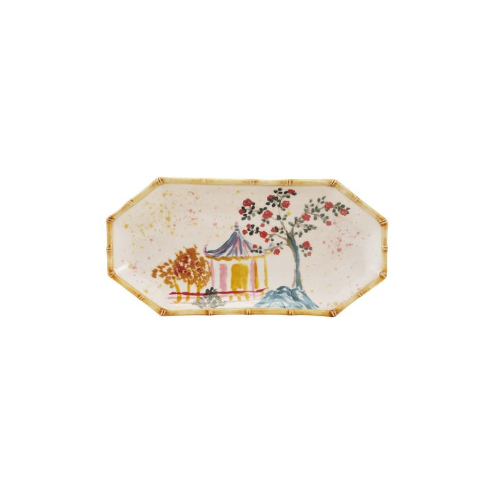 CHINOISERIE PAINTED HOUSE & TREES OCTAGON PLATE WITH BAMBOO STYLE EDGE
