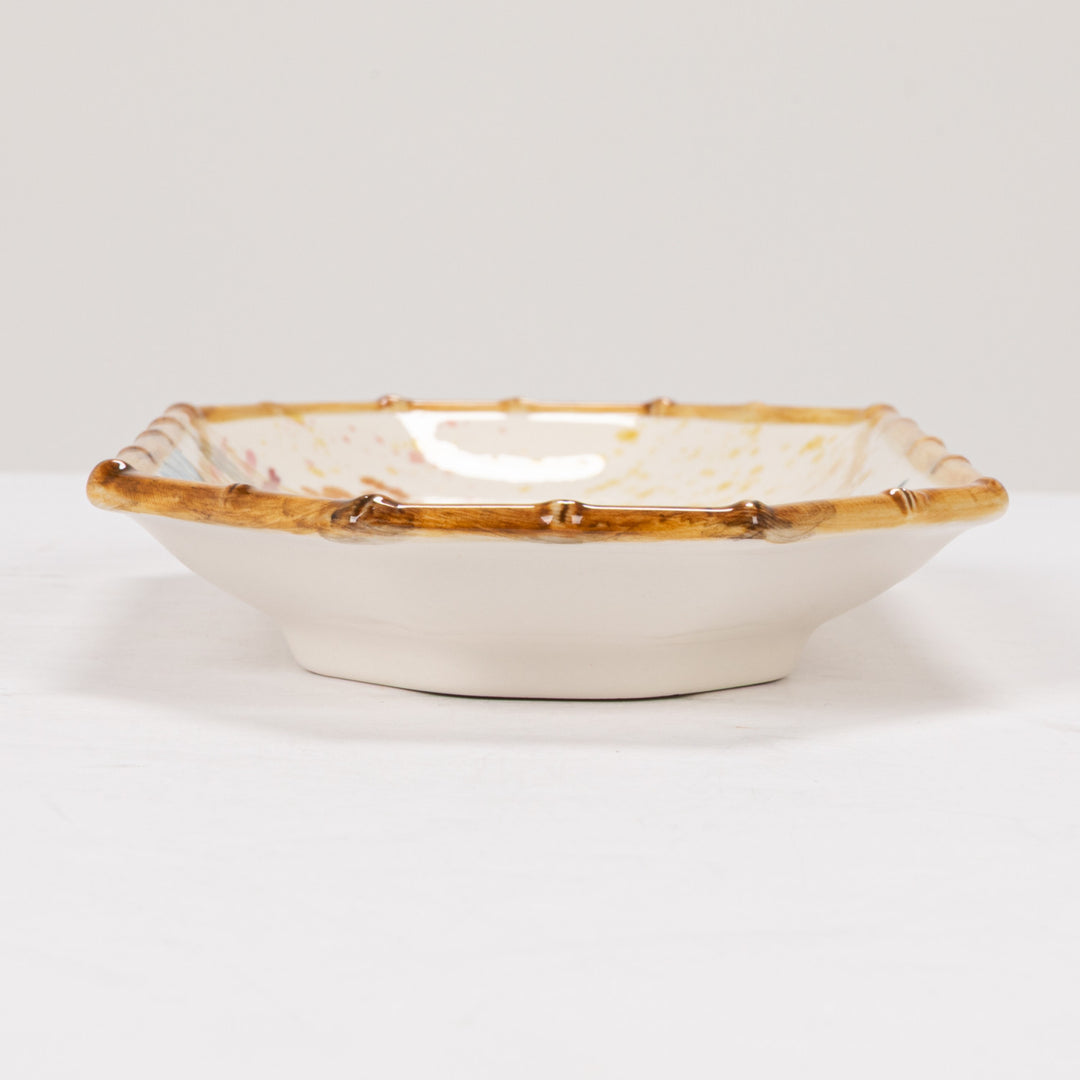 CHINOISERIE PAINTED HOUSE & TREES OCTAGON PLATE WITH BAMBOO STYLE EDGE