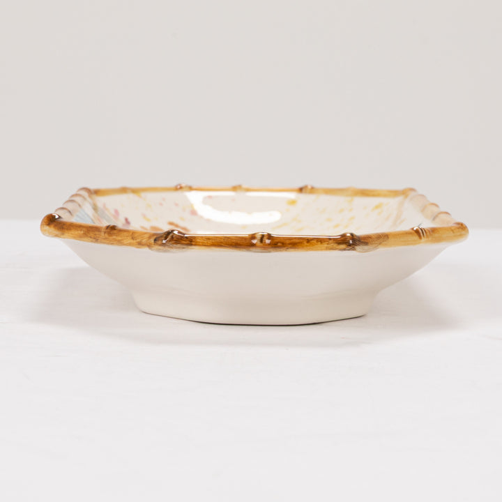 CHINOISERIE PAINTED HOUSE & TREES OCTAGON PLATE WITH BAMBOO STYLE EDGE