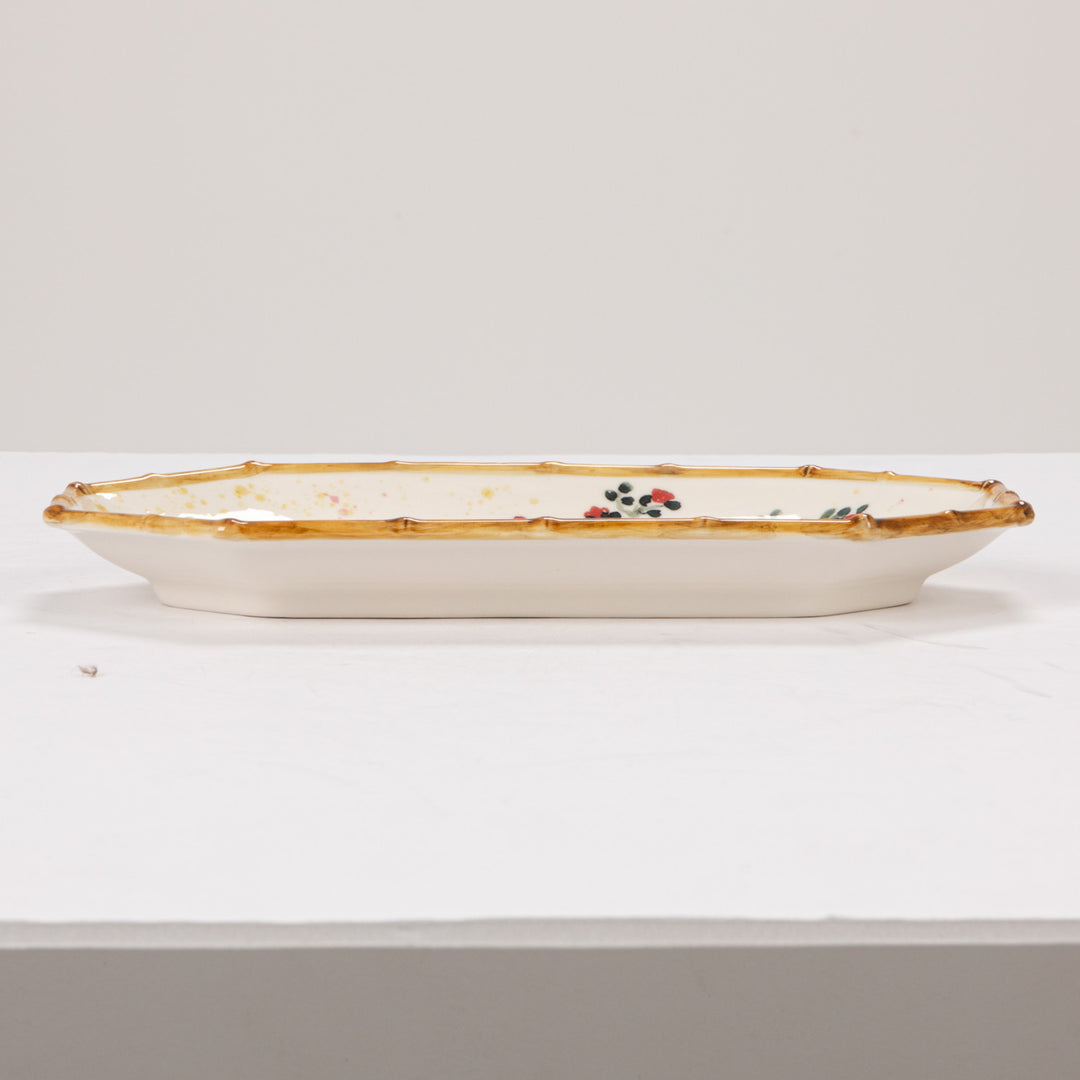 CHINOISERIE PAINTED HOUSE & TREES OCTAGON PLATE WITH BAMBOO STYLE EDGE