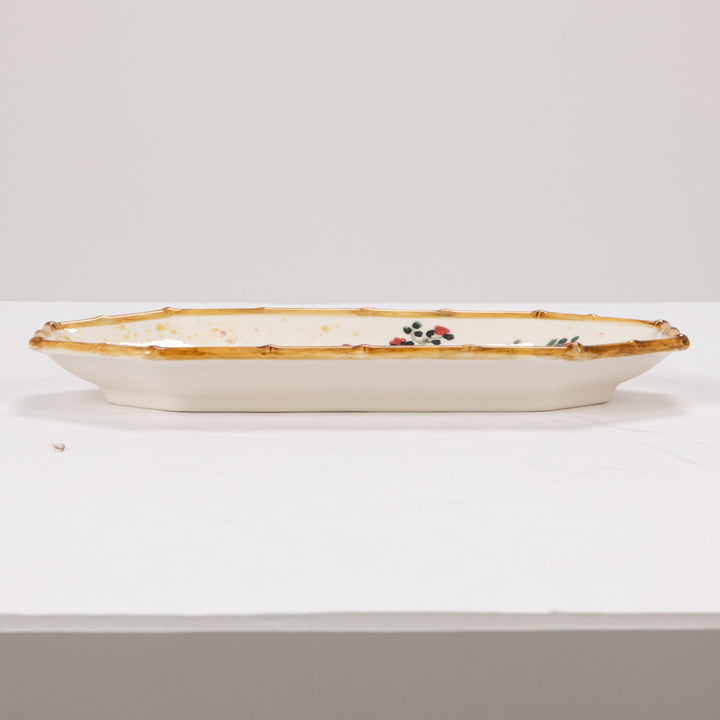 CHINOISERIE PAINTED HOUSE & TREES OCTAGON PLATE WITH BAMBOO STYLE EDGE