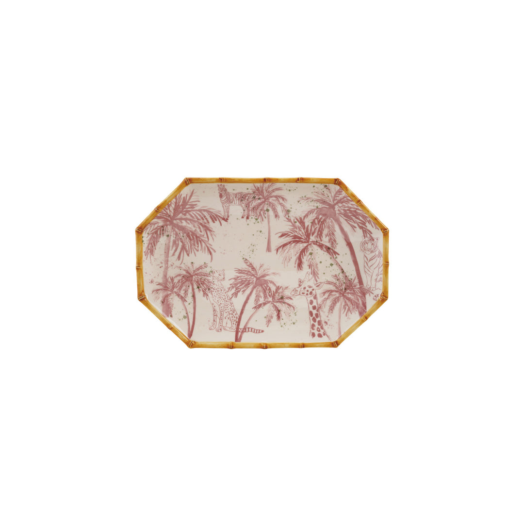 CHINOISERIE PAINTED PALM TREES & ANIMALS OCTAGON PLATTER WITH BAMBOO STYLE EDGE