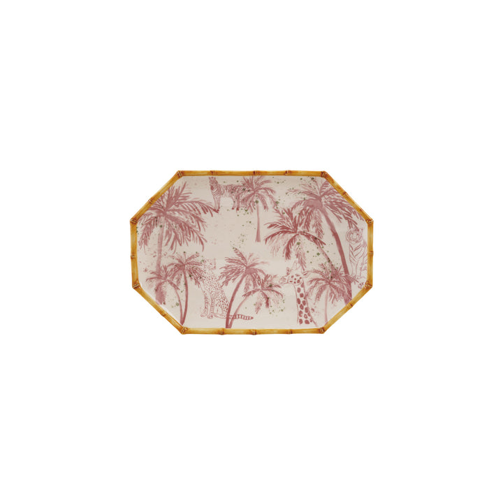 CHINOISERIE PAINTED PALM TREES & ANIMALS OCTAGON PLATTER WITH BAMBOO STYLE EDGE
