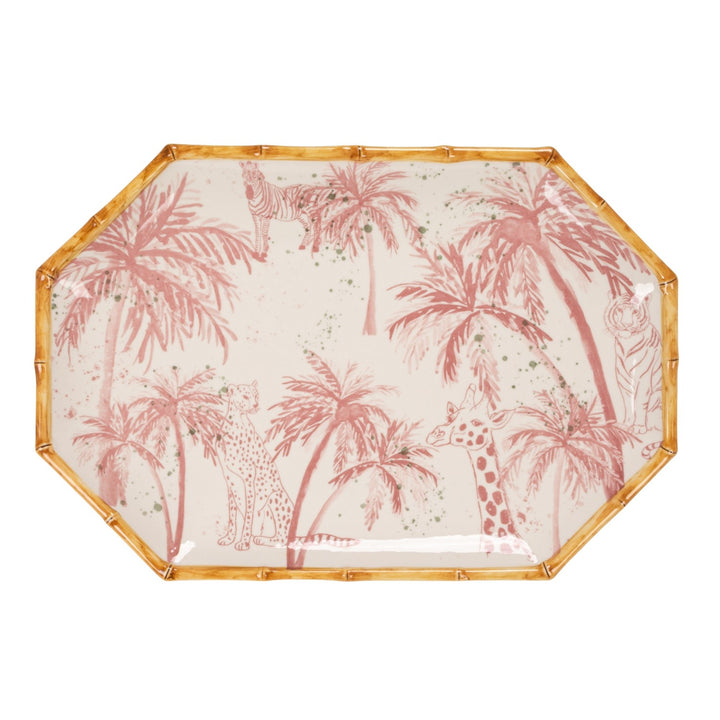 CHINOISERIE PAINTED PALM TREES & ANIMALS OCTAGON PLATTER WITH BAMBOO STYLE EDGE