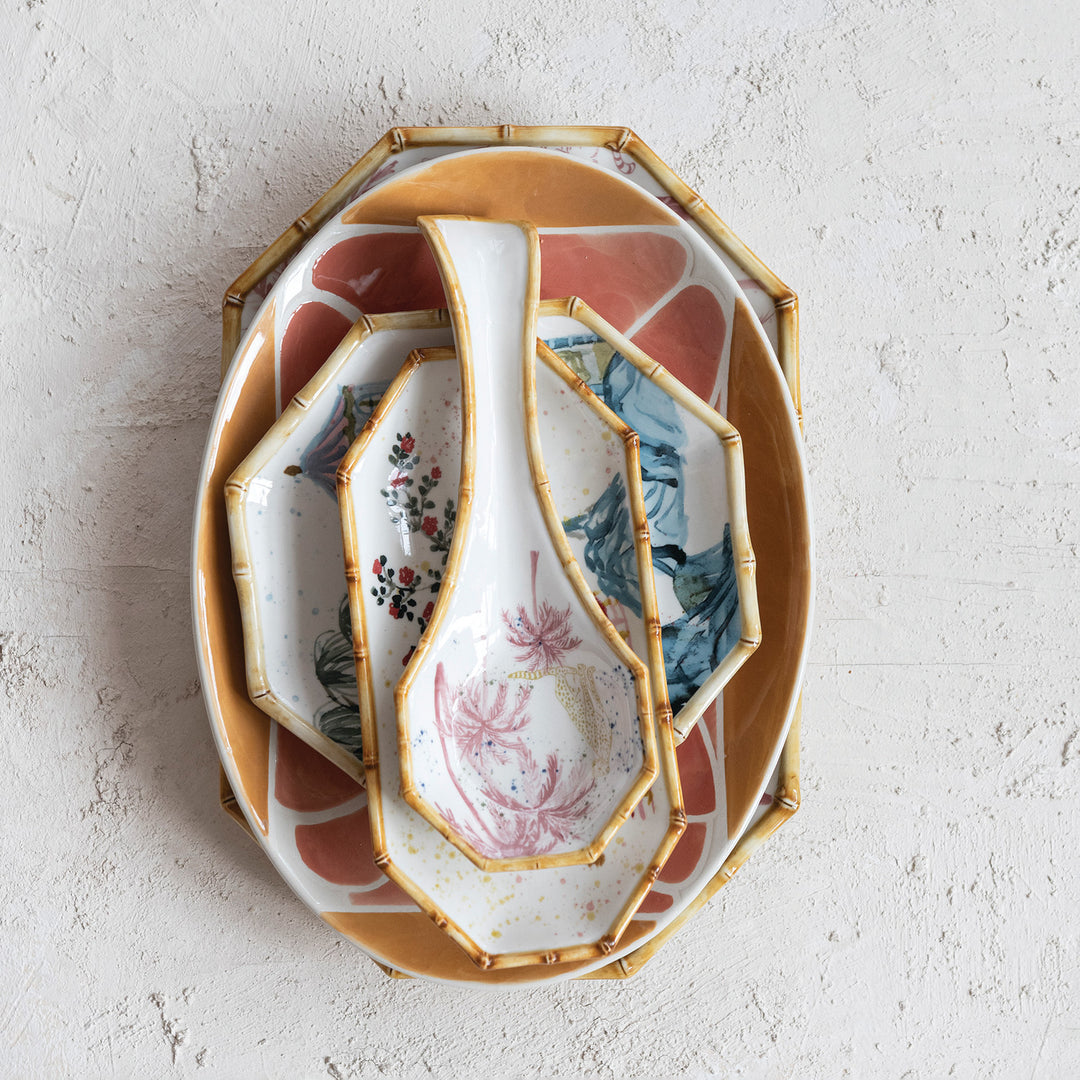 CHINOISERIE PAINTED HOUSE & TREES OCTAGON PLATE WITH BAMBOO STYLE EDGE