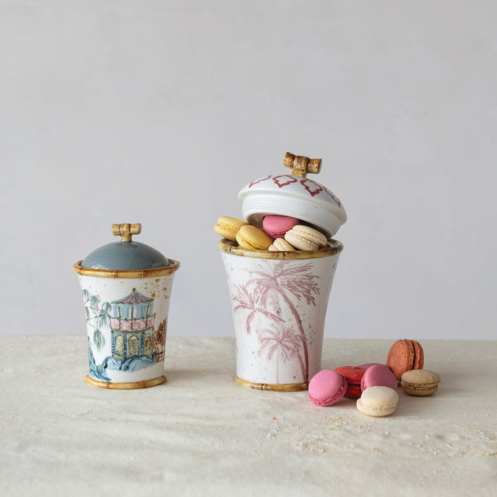 CHINOISERIE PAINTED PAGODA & PALMS CANISTER WITH BAMBOO STYLE EDGES