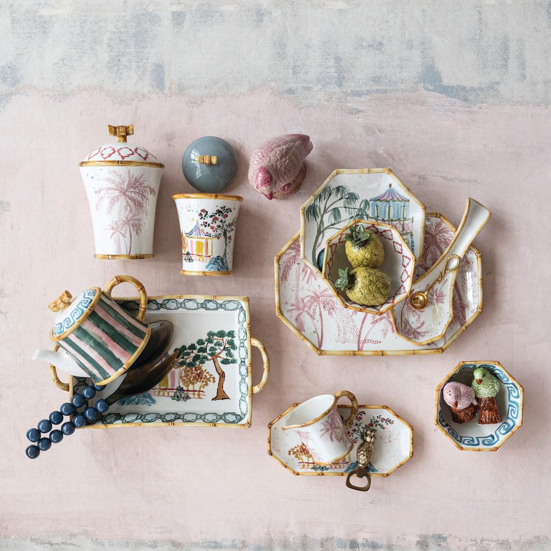 CHINOISERIE PAINTED SUGAR & CREAMER WITH BAMBOO STYLE EDGES