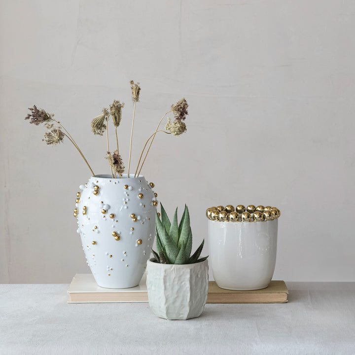 WHITE PLANTER/VASE WITH GOLD ELECTROPLATED BALL RIM