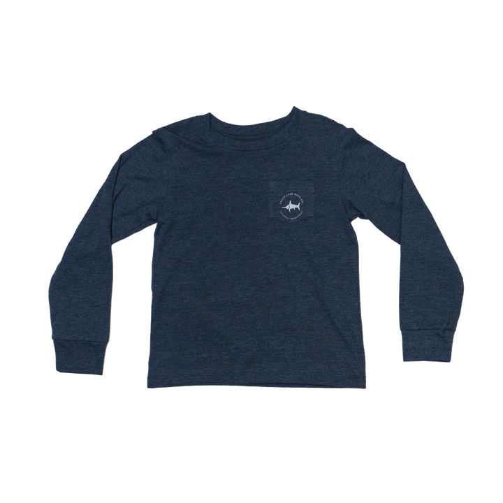 HEATHER BLUE GOLF BALL LONG SLEEVE GRAPHIC TEE WITH FRONT POCKET ON TRANSPARENT BACKGROUND