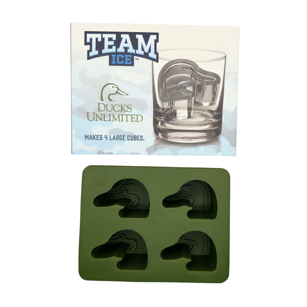 IMAGE OF "DUCKS UNLIMITED" GREEN ICE MOLD AND PACKAGING ON WHITE BACKGROUND "TEAM ICE"