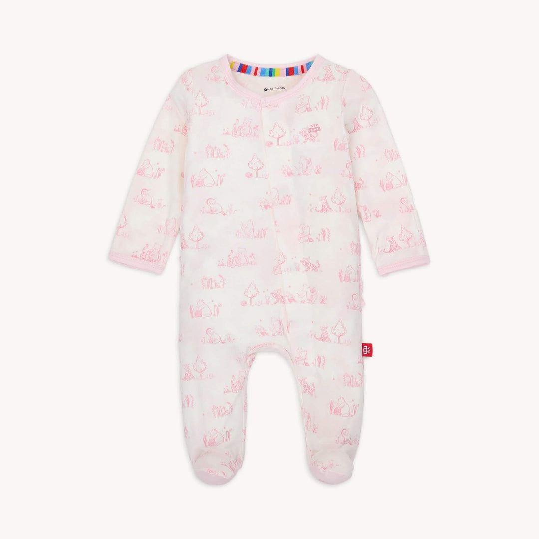 Baby onesie with pink floral pattern on a white background