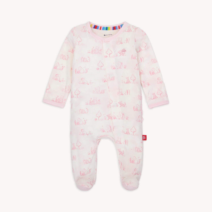 Baby onesie with pink floral pattern on a white background
