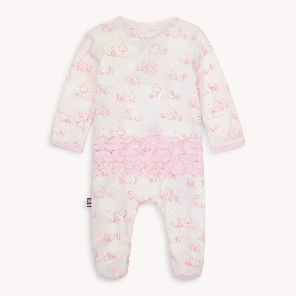 WHITE CHILDREN'S FOOTIE OUTFIT WITH PINK DISNEY THEME WITH RUFFLE ON BOTTOM