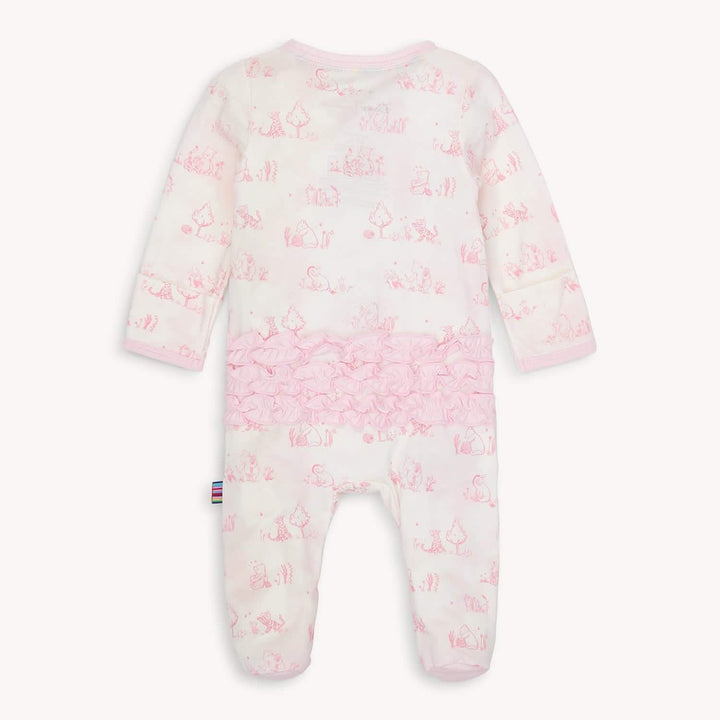 Baby onesie with pink floral pattern on a white background