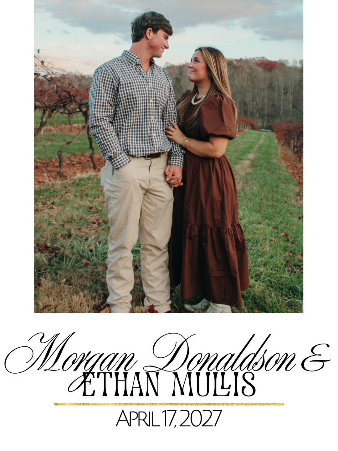 Couple standing in a field with a scenic background, featuring their names and wedding date.