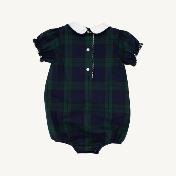 Green plaid baby romper with white collar on a white background