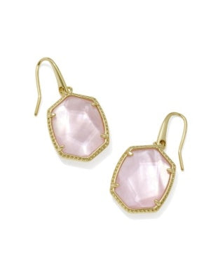 Gold drop earrings with faceted blush pink stones in a geometric setting | Walker Boutique