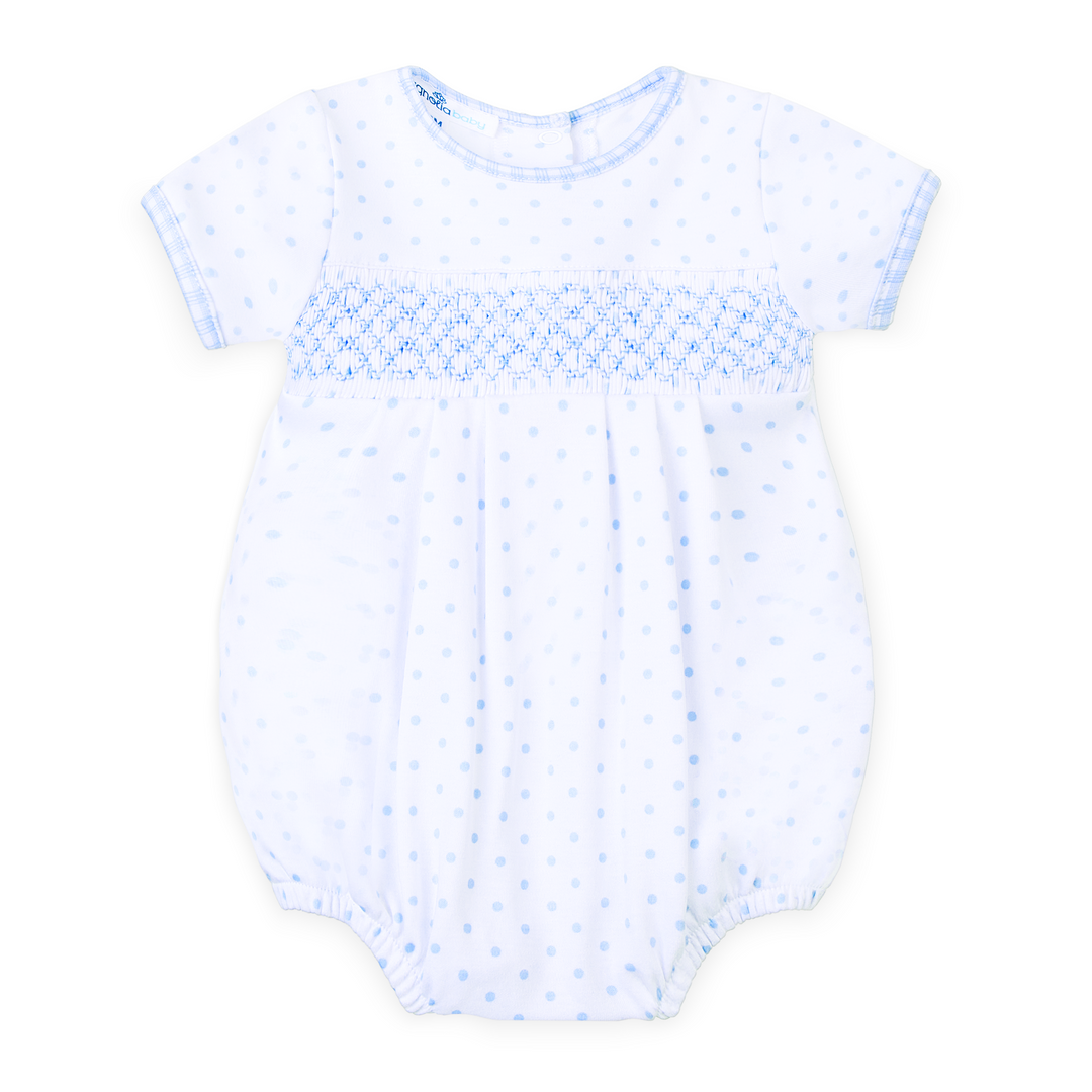 GINGHAM DOTS LIGHT BLUE SMOCKED BUBBLE WITH SHORT SLEEVES