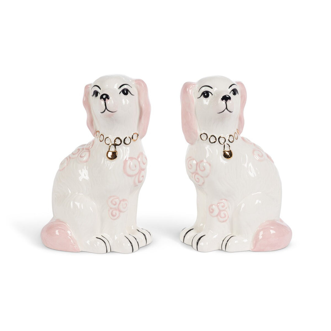 PINK PORCELAIN STAFFORDSHIRE DOG FIGURINE SET