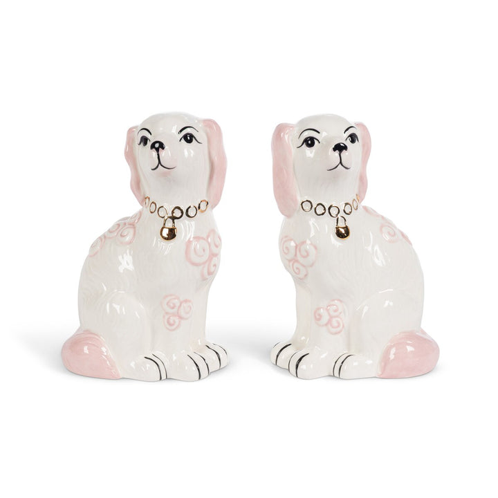 PINK PORCELAIN STAFFORDSHIRE DOG FIGURINE SET