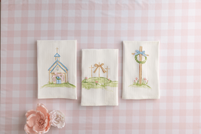THREE EASTER INSPIRED HAND TOWELS ON PINK GINGHAM TABLECLOTH