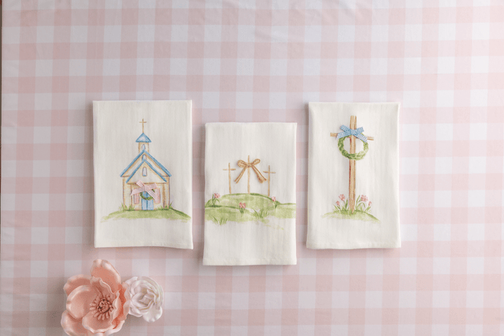 THREE EASTER INSPIRED HAND TOWELS ON PINK GINGHAM TABLECLOTH