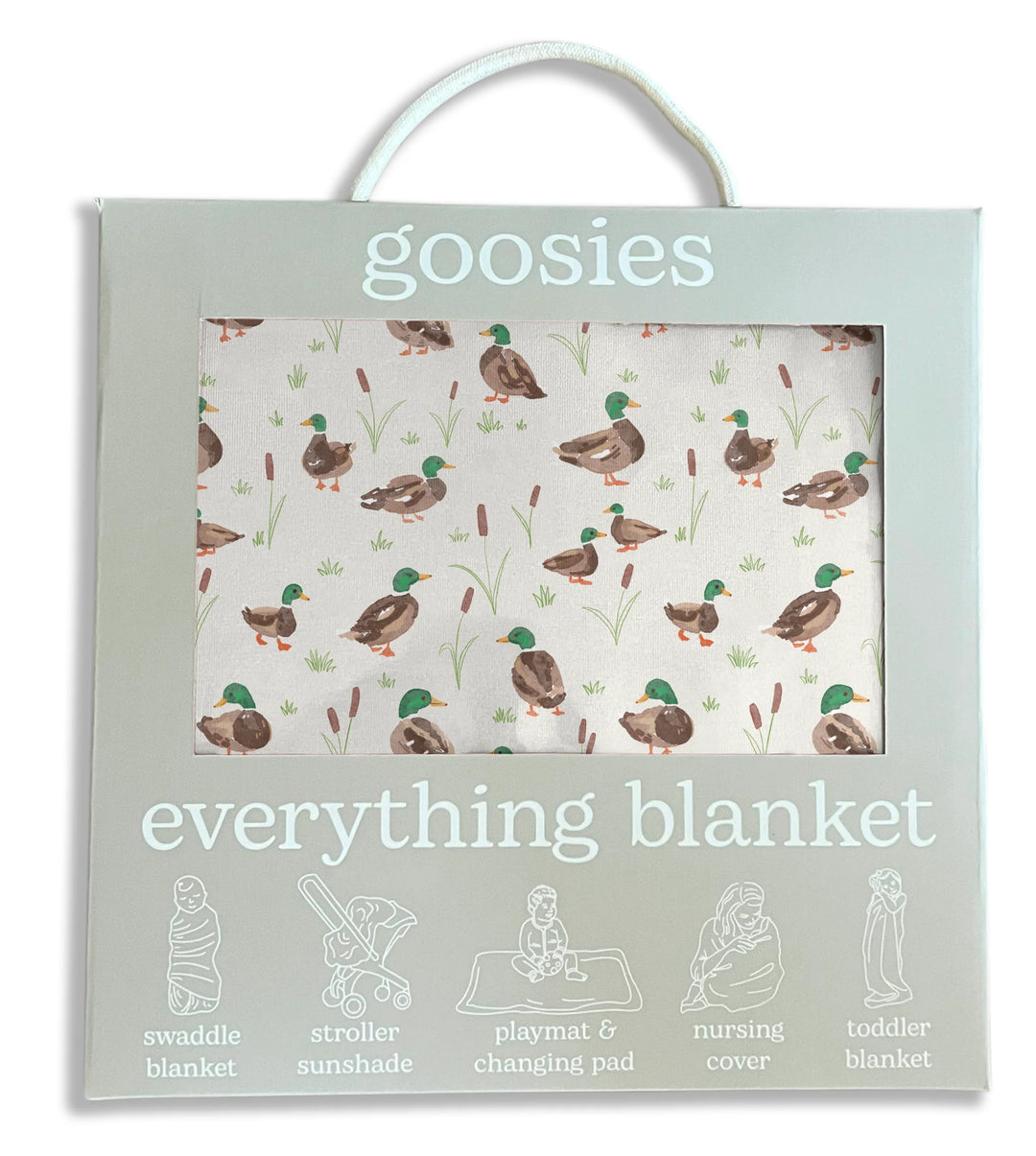 Goosies Everything Blanket in a sage green gift bag with a clear window showing the duck print blanket inside. The packaging features a white handle and illustrations of baby uses at the bottom.