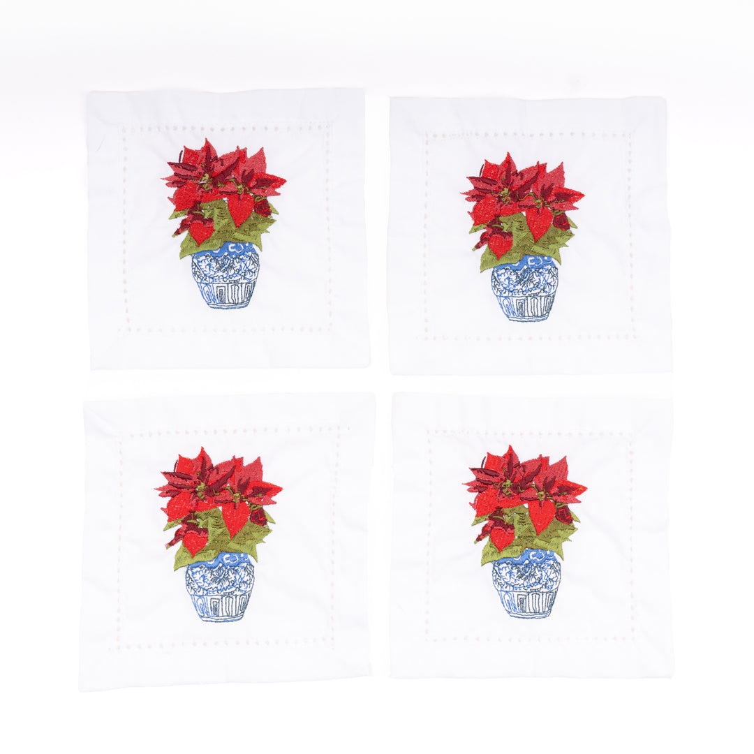 Embd Cocktail Napkin Set - Poinsettias