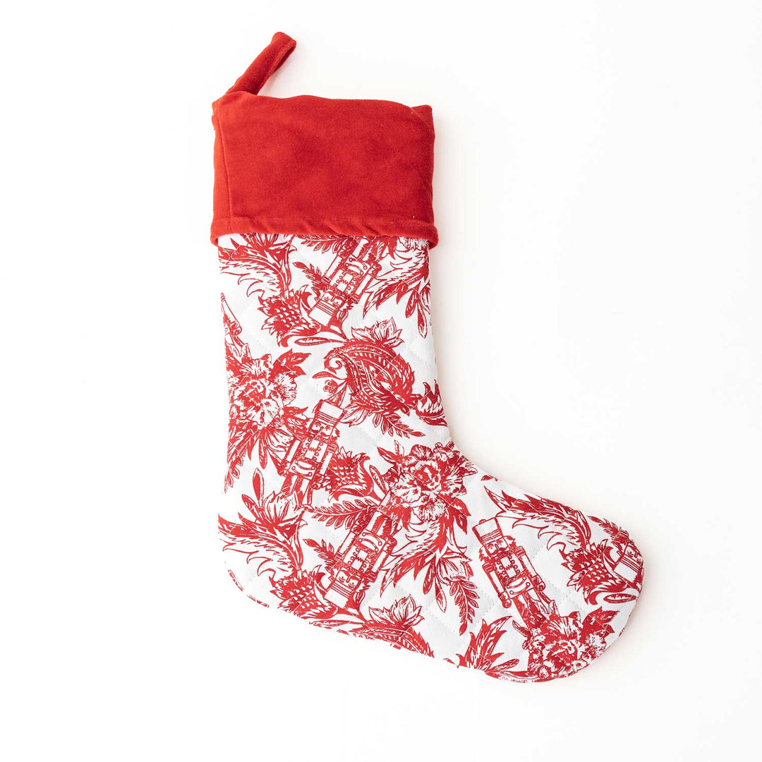 quilted stocking in red and white nutracker toile print