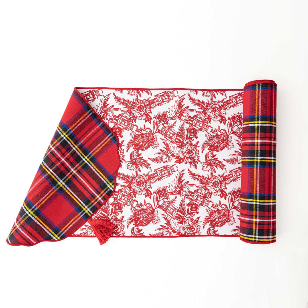 reversible tartan plaid & nutcracker toile table runner adorned with tassels on ends