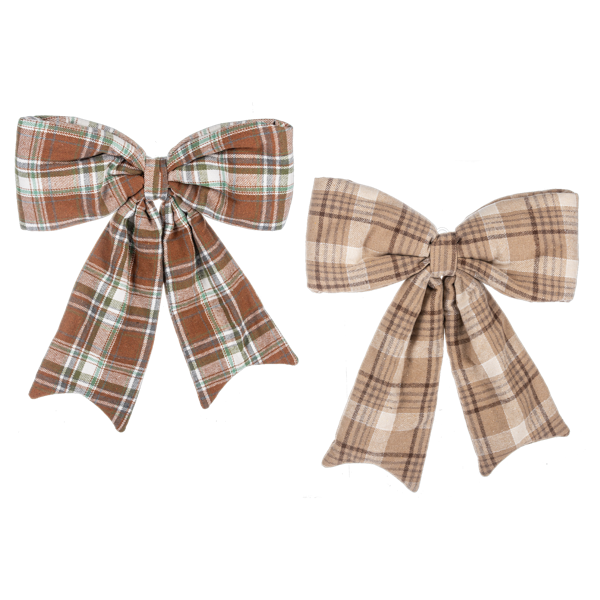Two plaid bows, one brown and green, the other beige and brown, on a white background.