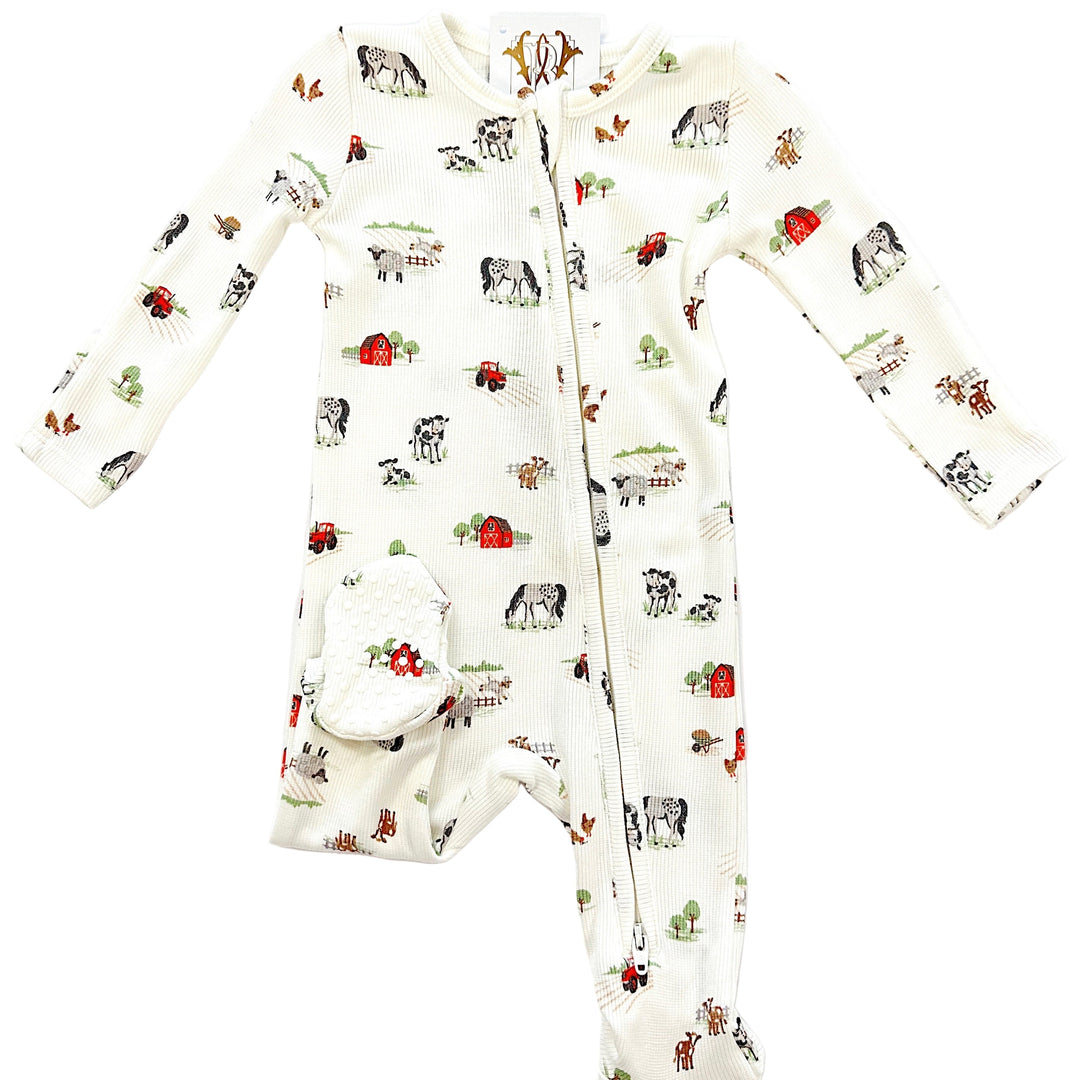 Little Farm Bamboo Zipper Footie – Soft Bamboo Baby Footed Pajamas with Farm Print | Walker Boutique