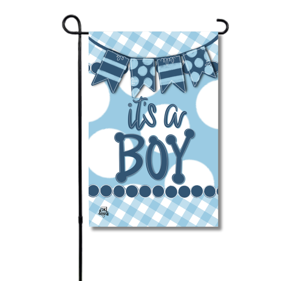 BLUE IT'S A BOY GINGHAM GARDEN FLAG