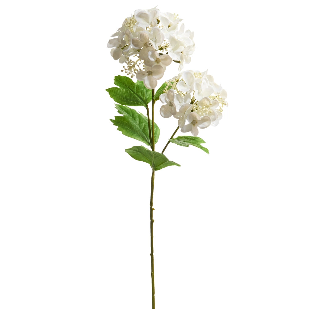 White faux hydrangea floral stem with green leaves | Walker Boutique