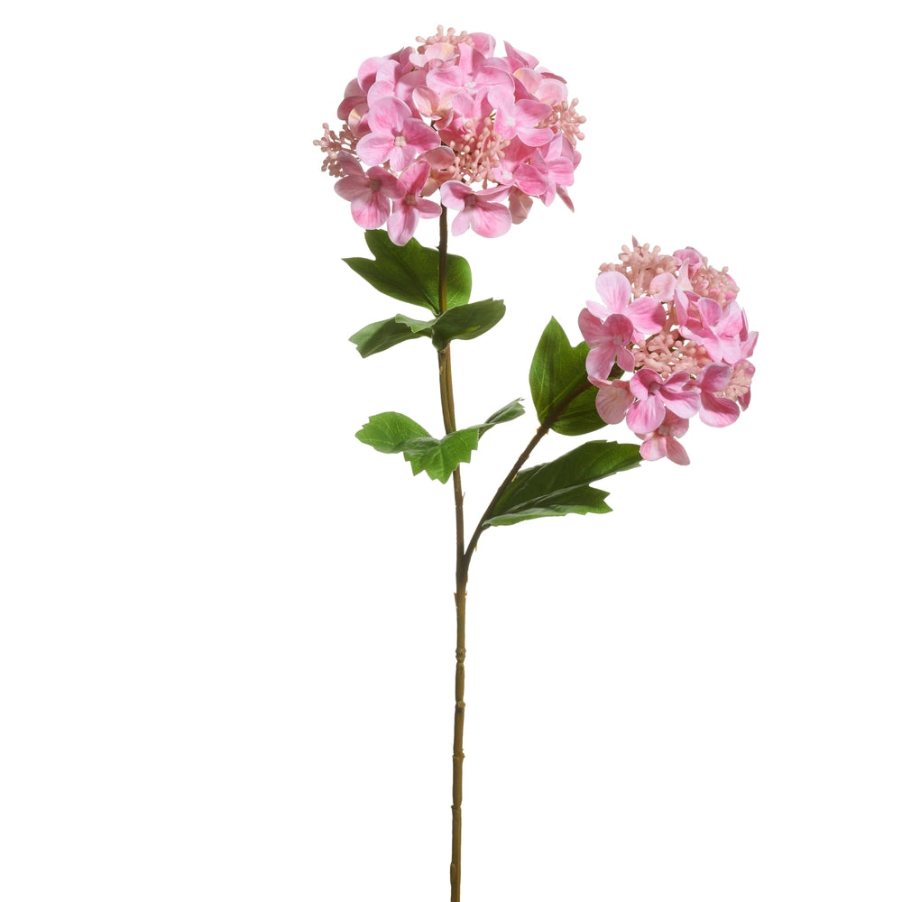 Pink faux hydrangea floral stem with green leaves | Walker Boutique