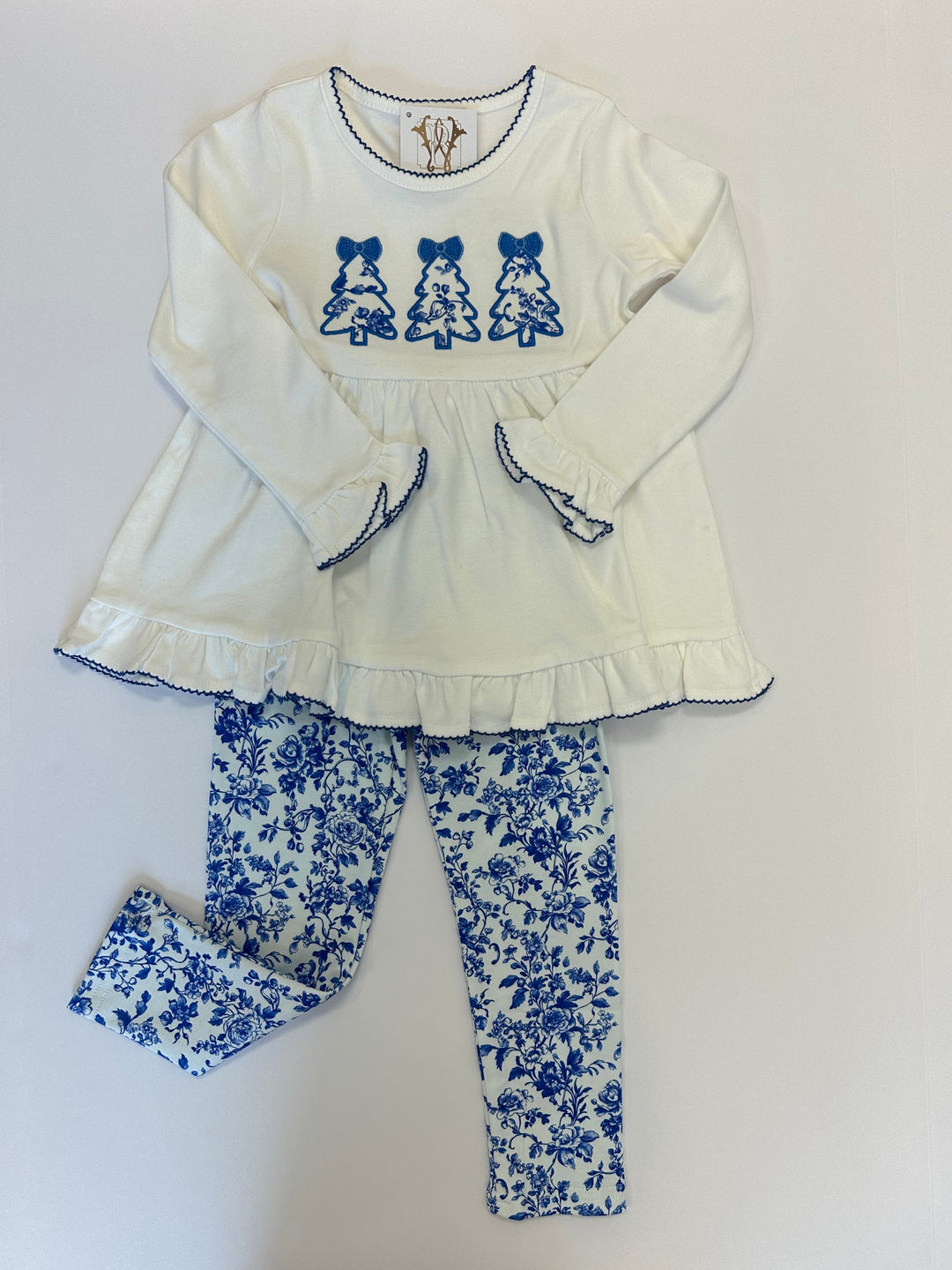 Christmas Tree Applique Legging Set – Festive Holiday Outfit with White Top and Blue Floral Leggings | Walker Boutique