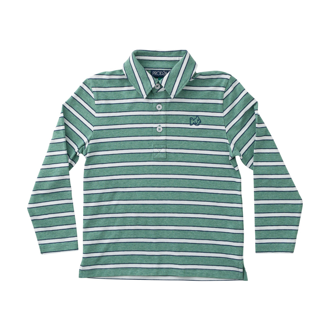 Green and white striped long-sleeve polo shirt on a white background