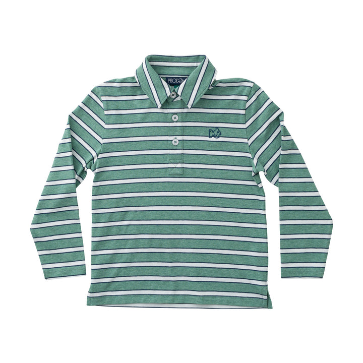 Green and white striped long-sleeve polo shirt on a white background