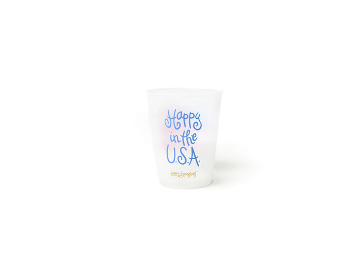 FROSTED PLASTIC CUP WITH "HAPPY IN THE USA" PRINTED ON IT ON WHITE BACKGROUND
