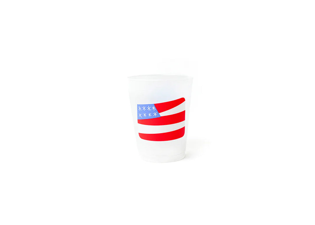 FROSTED PLASTIC CUP WITH AMERICAN FLAG PRINTED ON IT ON WHITE BACKGROUND