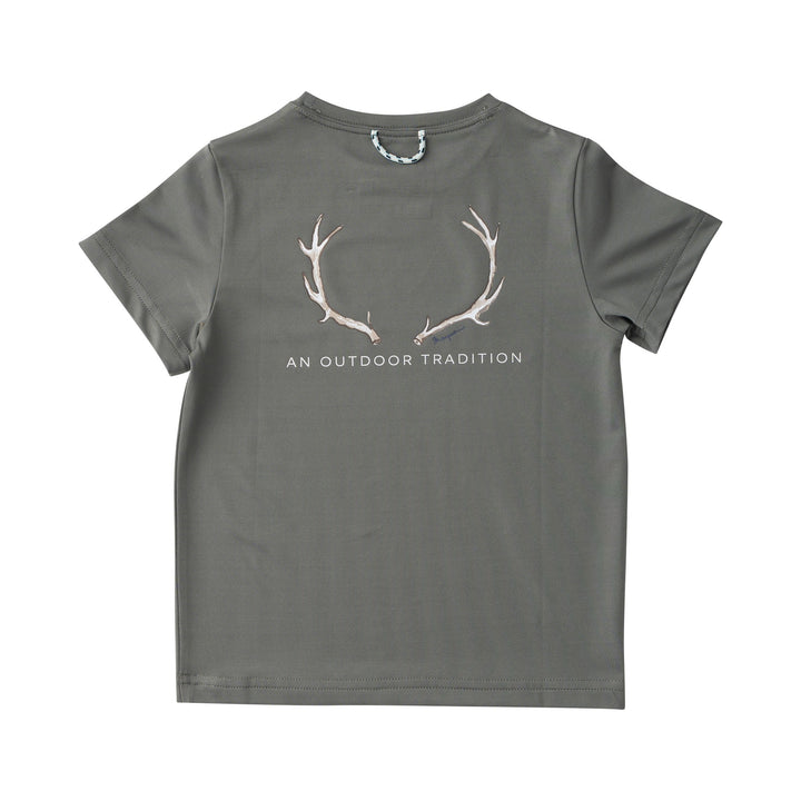 Gray t-shirt with antler design and 'An Outdoor Tradition' text on a white background