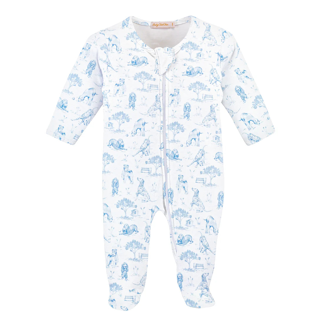 WHITE FOOTIE LONG SLEEVE WITH  Allover blue toile puppy print