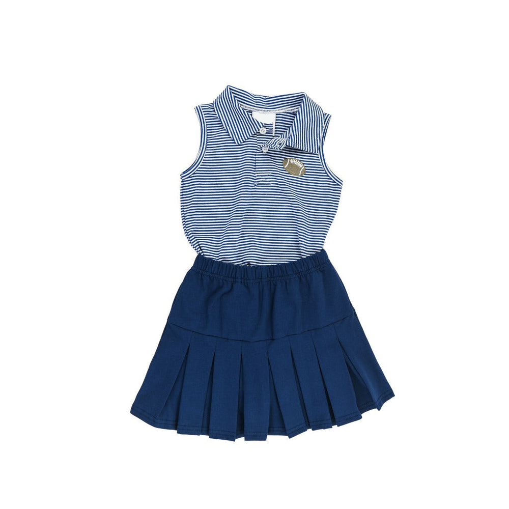 A sleeveless baby dress featuring a blue and white striped polo shirt bodice and a navy blue pleated skirt, shown flat on a white background.