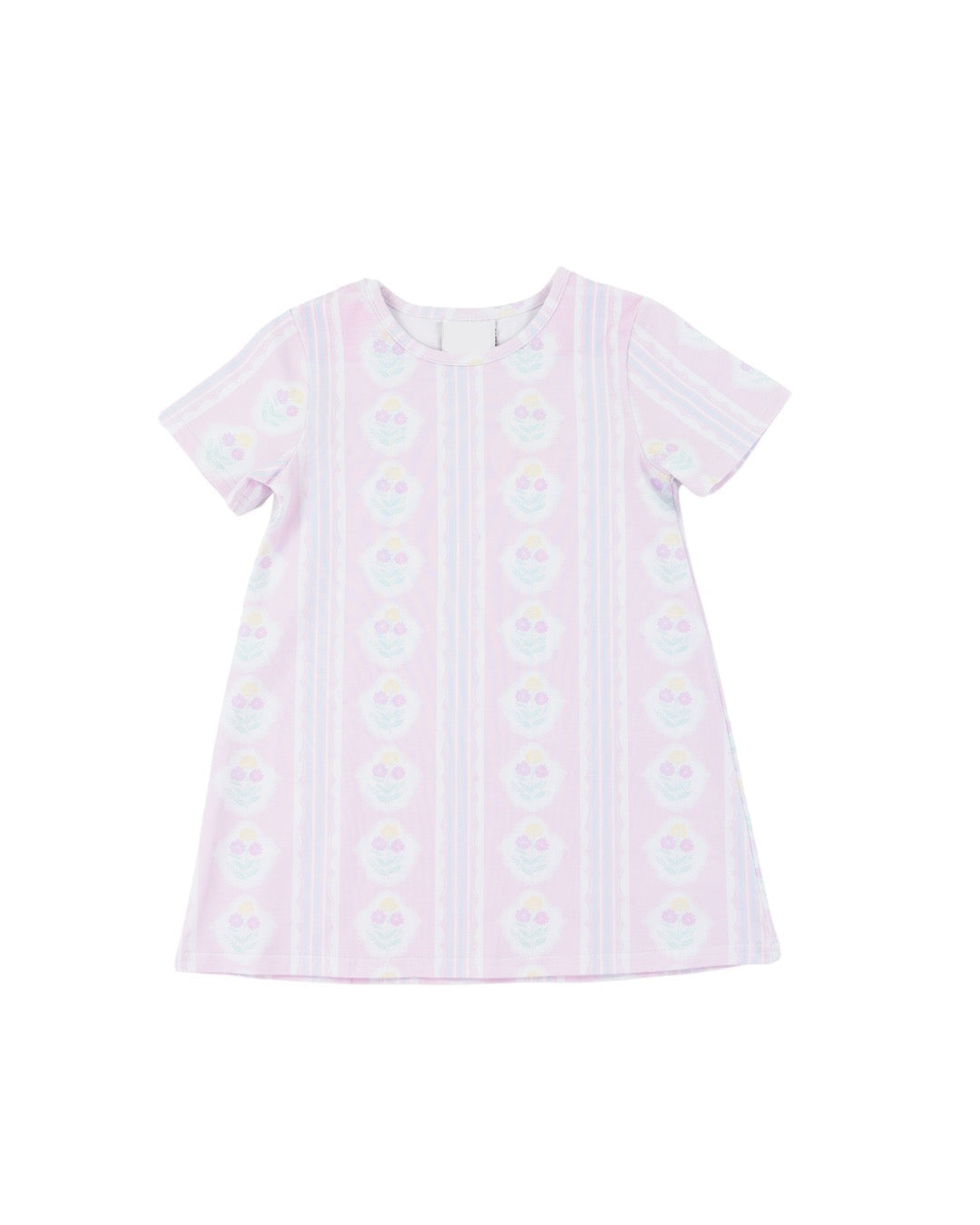 Pink dress with white floral pattern on a white background