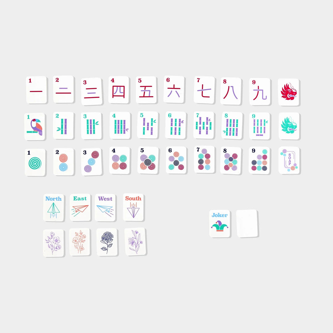 Mini Mahjer playing tiles with colorful suits, winds, dragons, flowers, and joker tile. | Walker Boutique
