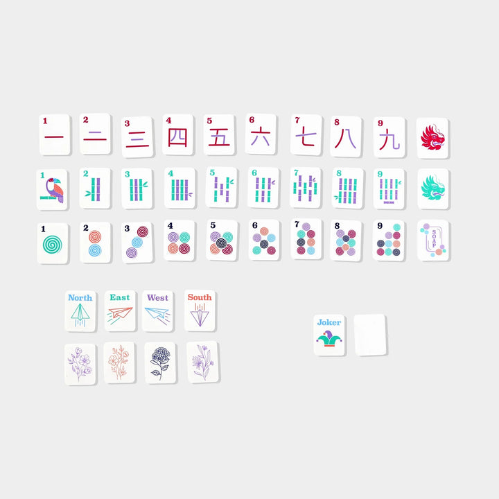 Mini Mahjer playing tiles with colorful suits, winds, dragons, flowers, and joker tile. | Walker Boutique