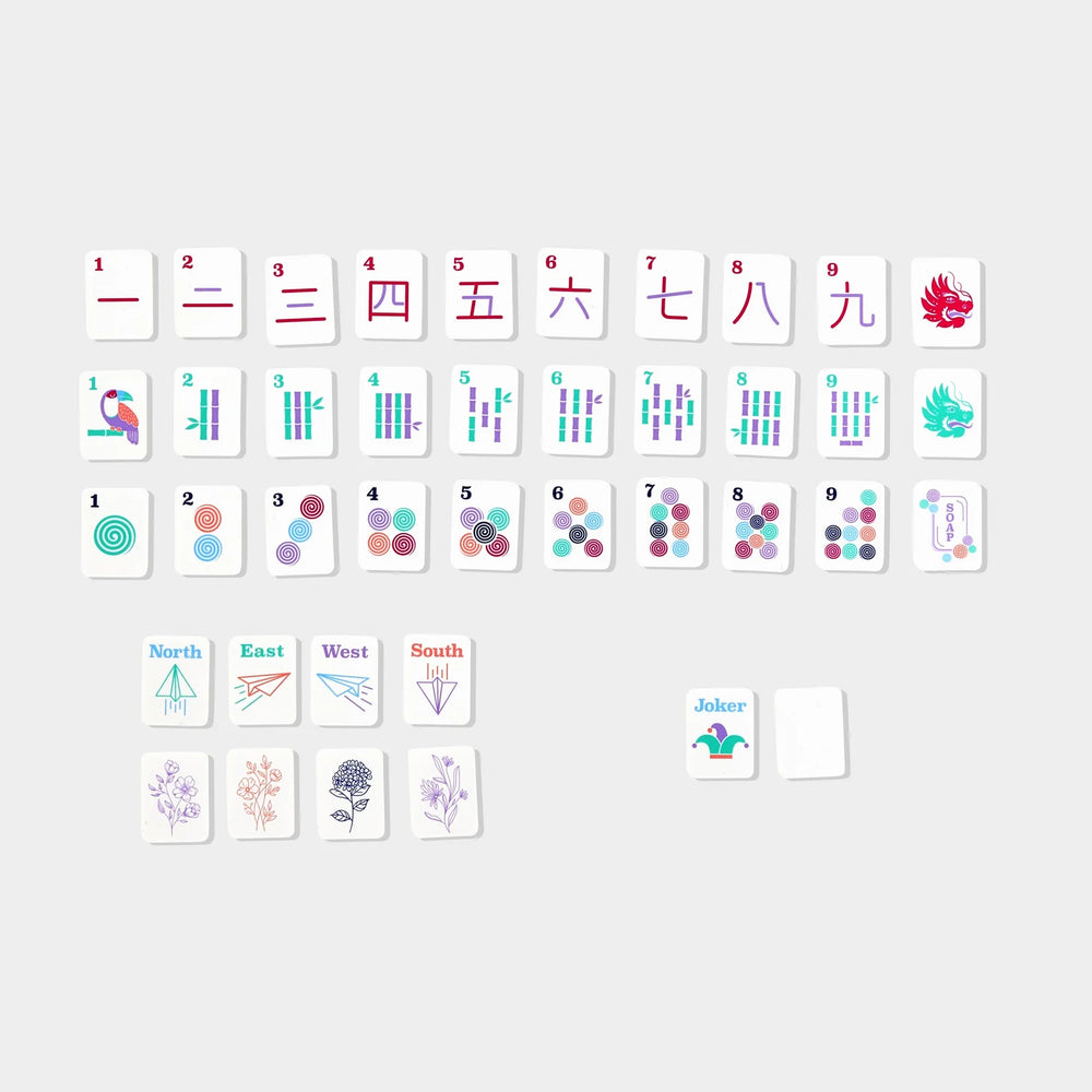 Mini Mahjer playing tiles with colorful suits, winds, dragons, flowers, and joker tile. | Walker Boutique