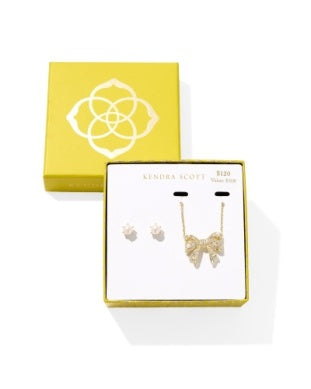 Gold two-piece earring set with stud and drop earrings displayed in branded gift box | Walker Boutique